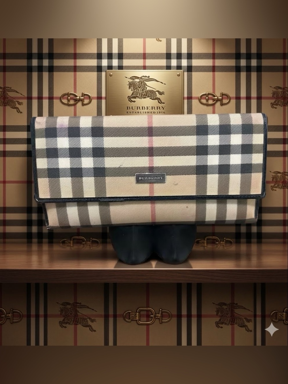 Burberry Tan Check Continental Wallet with Black Trim and Red Stripe